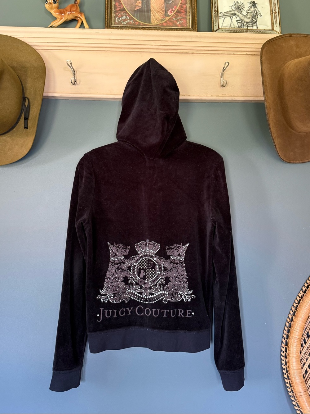 Juicy Couture Black embellished Velour Hoodie Size Large